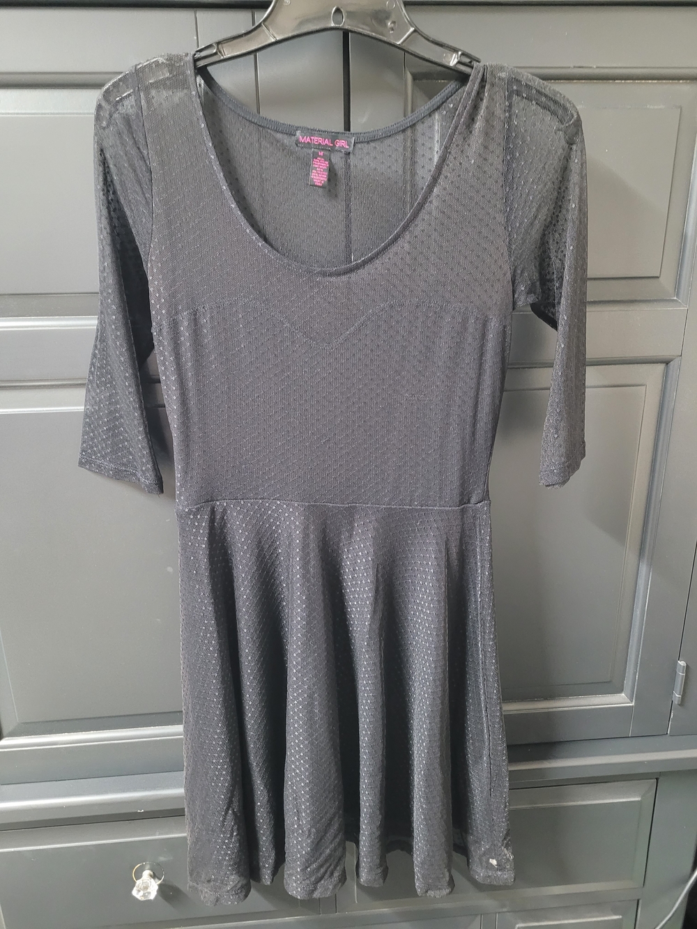 Material Girl Black Dotted Mesh Fit-and-Flare Dress